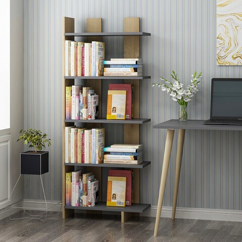 Corp biblioteca, Olivia, Elas, 62x150x25cm, 100% PAL melaminat, Antracit / Negru / Stejar