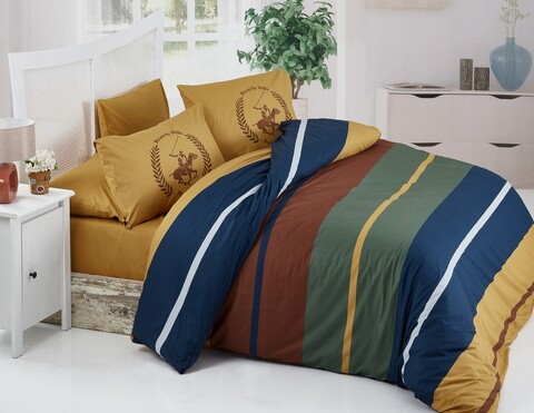 Lenjerie de pat dubla king size, Beverly Hills Polo Club, BHPC 041 - Mustard, 3 piese, bumbac ranforce, multicolor