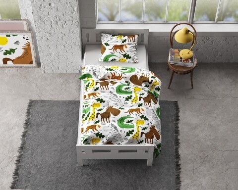 Lenjerie de pat pentru o persoana, Small Zoo White, Royal Textile, 2 piese, 140 x 200 cm, 100% bumbac flanel, multicolora