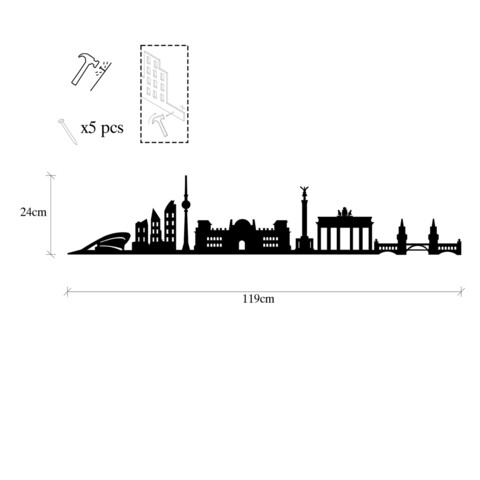 Decoratiune de perete, Berlin Skyline, Metal, Dimensiune: 119 x 24 cm, Negru