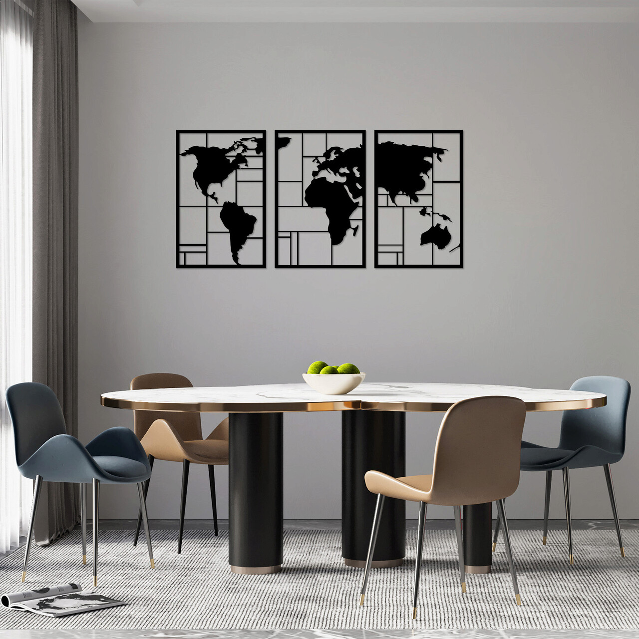 Decoratiune de perete, World Map 3, Metal, 48 x 74 cm, 3 piese, Negru - 2 | YEO