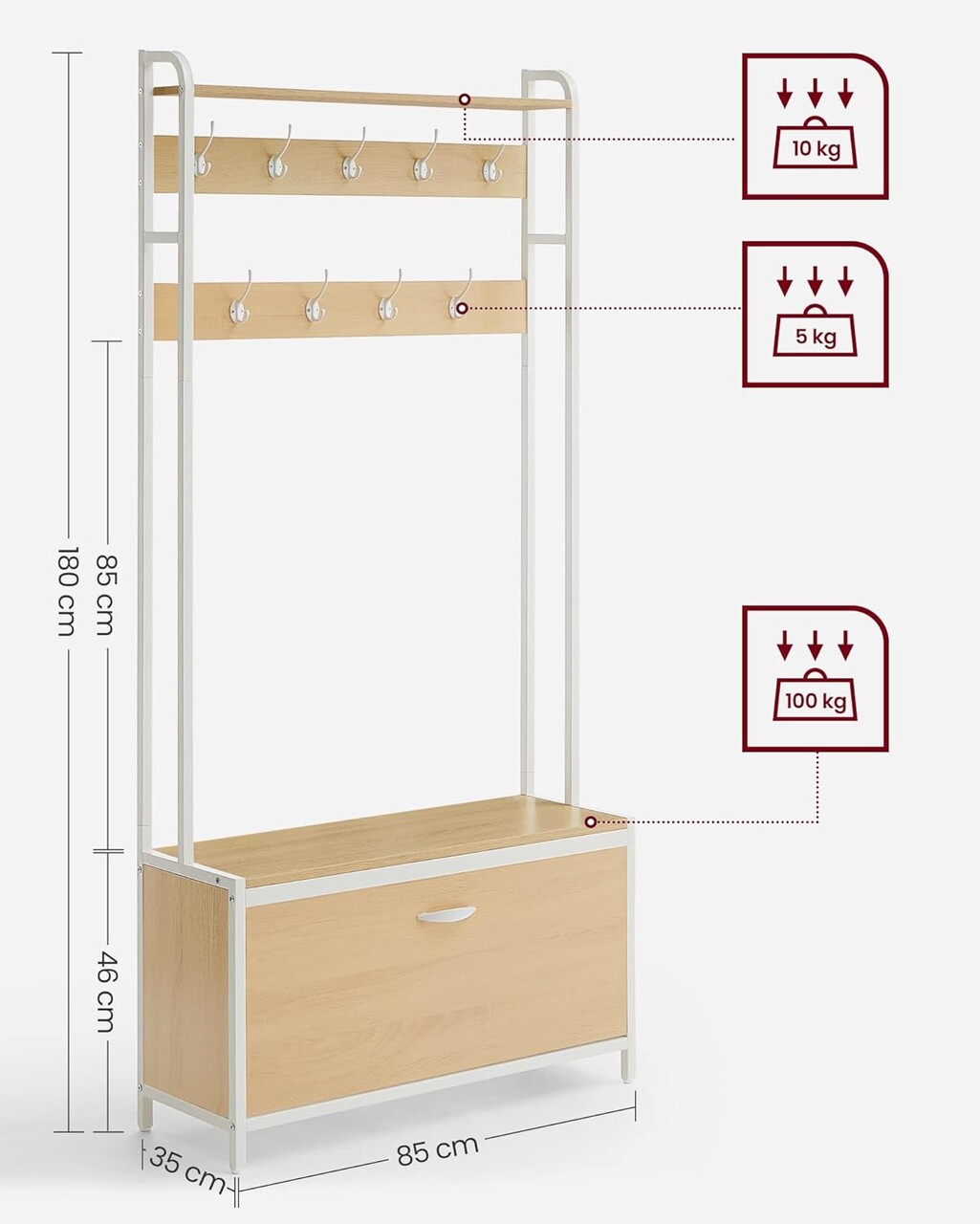 Cuier cu bancheta si pantofar Modern Design, Vasagle, 85x30x180 cm, PAL/otel, alb/natural