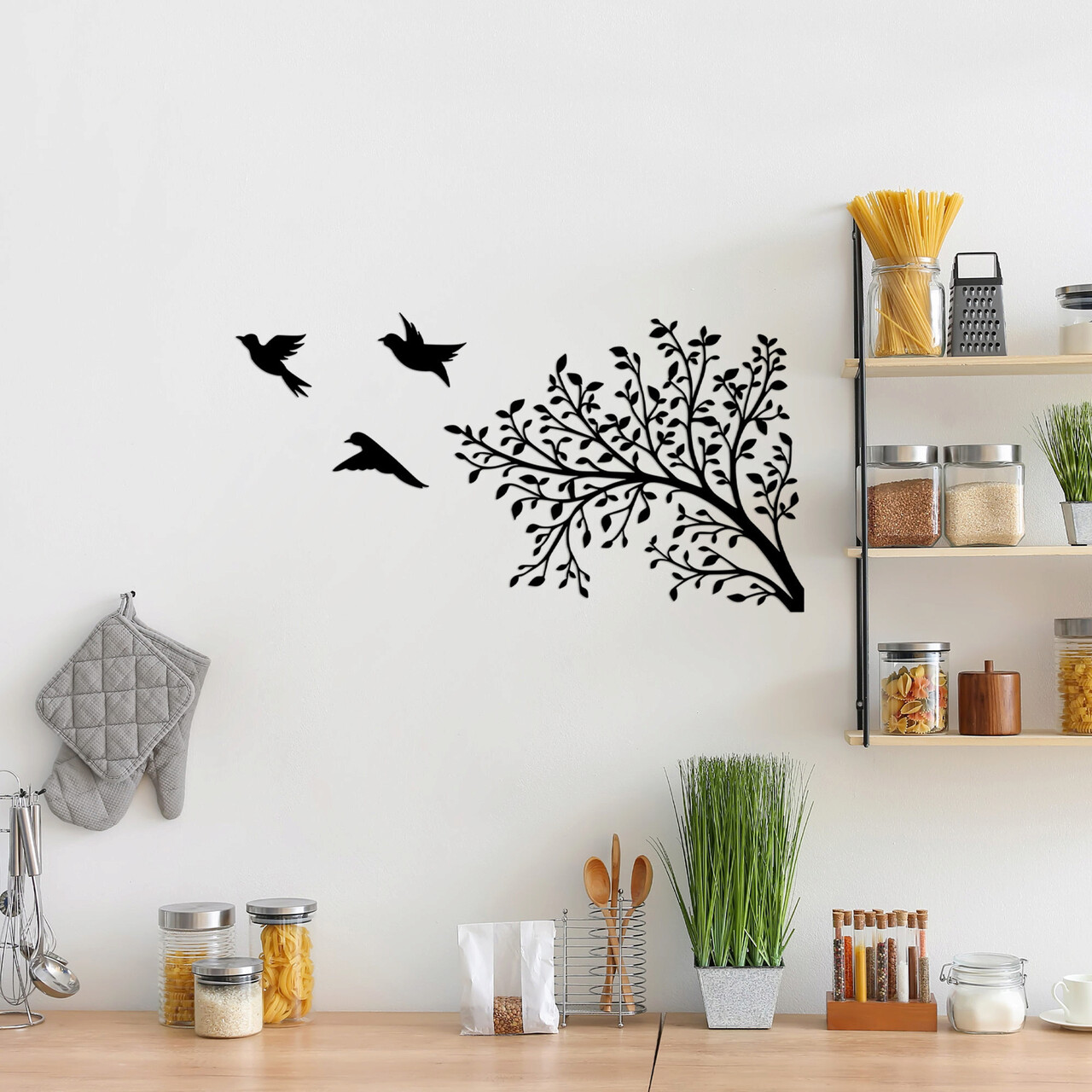 Decoratiune de perete, Birds From The Branch, Metal, 70 x 37 cm, Negru