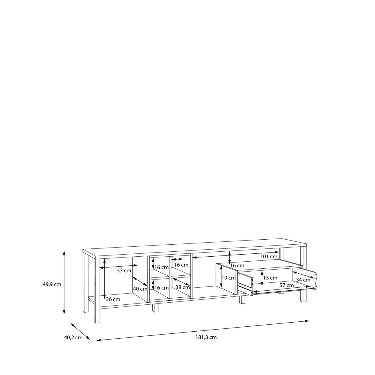 Comoda TV Heusden, Bedora, 181.3x40.2x49.9 cm, PAL/metal, negru/stejar