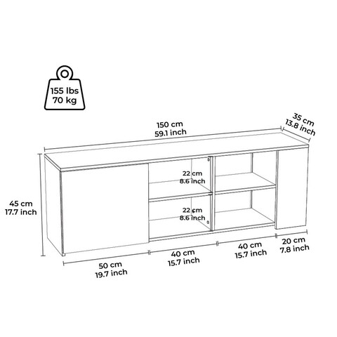 Comoda TV, Minima, Rome, 150x45x35 cm, Stejar / Alb