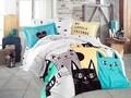 Lenjerie de pat dubla King Size, Hobby, Love Cats Yellow, 4 piese, 100% bumbac poplin, multicolor