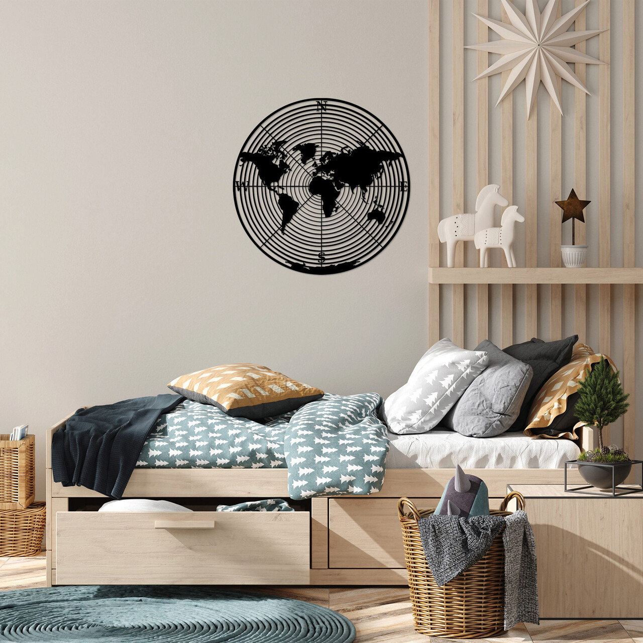 Decoratiune de perete, World Map 9, Metal, Dimensiune: 68 x 68 cm, Negru - 1 | YEO