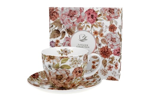 Cana Jumbo cu farfurie, DUO, Pastel Flowers - White, portelan, multicolor