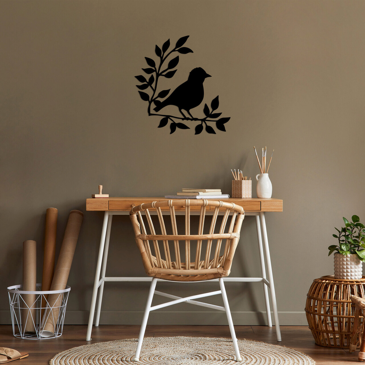 Decoratiune de perete, Branch And Bird, Metal, Dimensiune: 66 x 68 cm, Negru - 1 | YEO