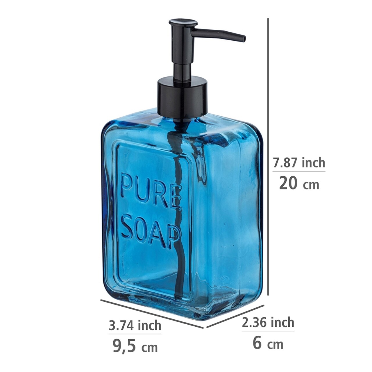 Dozator sapun lichid Pure Soap, Wenko, 9.5x6x20 cm, sticla/plastic, albastru/negru