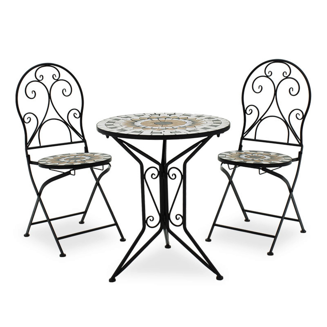 Set mobilier de gradina 3 piese Mosaic, Pakoworld, masa cu 2 scaune, 60x60x70 cm, metal/ceramica, negru/multicolor