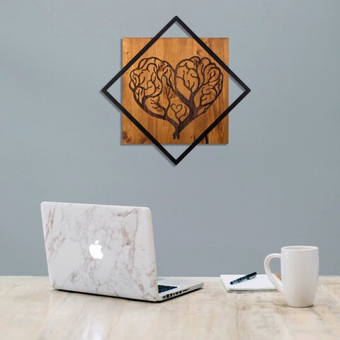 Decoratiune de perete, Tree Heart, 50% lemn/50% metal, Dimensiune: 54 x 54 cm, Nuc / Negru