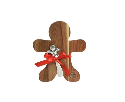 Platou pentru branzeturi cu cutit Gingerbread Man, Decoris, 19x21.5 cm, lemn de salcam, maro