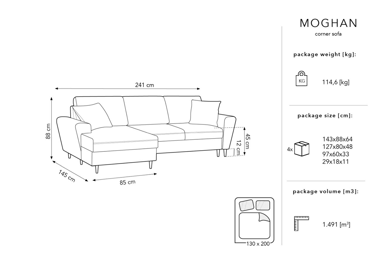 Coltar extensibil stanga 4 locuri, Moghan, Micadoni Home, BL, 241x145x88 cm, catifea, albastru deschis