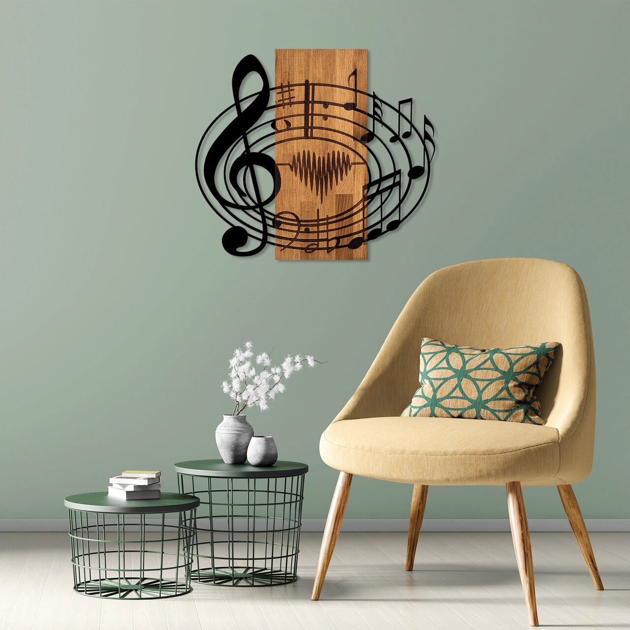 Decoratiune de perete, Musical, 50% lemn/50% metal, Dimensiune: 67 x 58 cm, Nuc / Negru