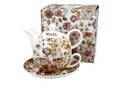 Set ceainic cu ceasca si farfurioara, DUO, Pastel Flowers - White, portelan, multicolor