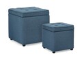 Set 2 taburete cu spatiu de depozitare Derrick, Bizzotto, 35x35x35 cm/45x45x45 cm, lemn de pin/poliester Boucle, albastru