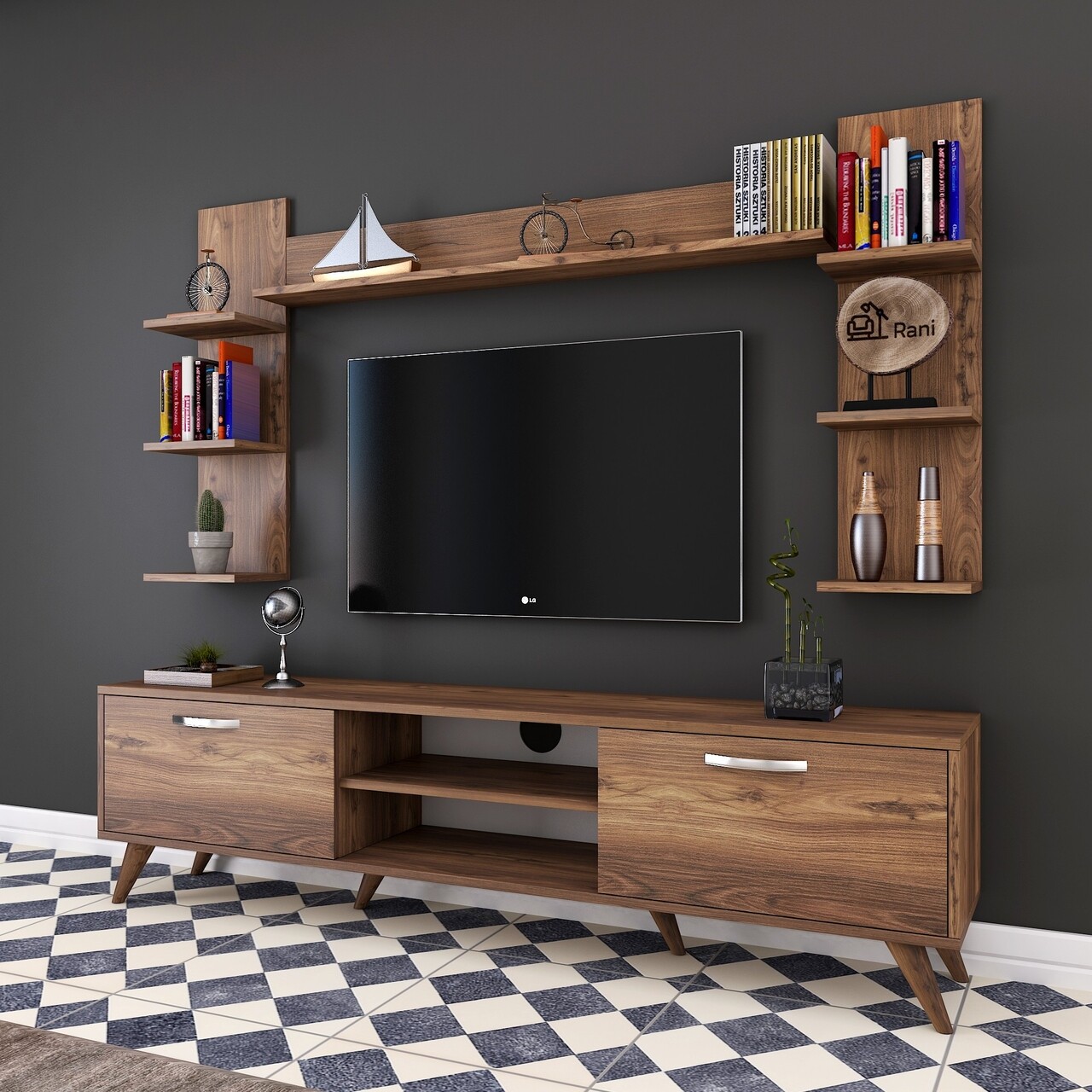 Comoda TV Cu 3 Rafturi De Perete M23 - 276, Wren, 180 X 35 X 48.6 Cm/90 Cm/133 Cm, Walnut