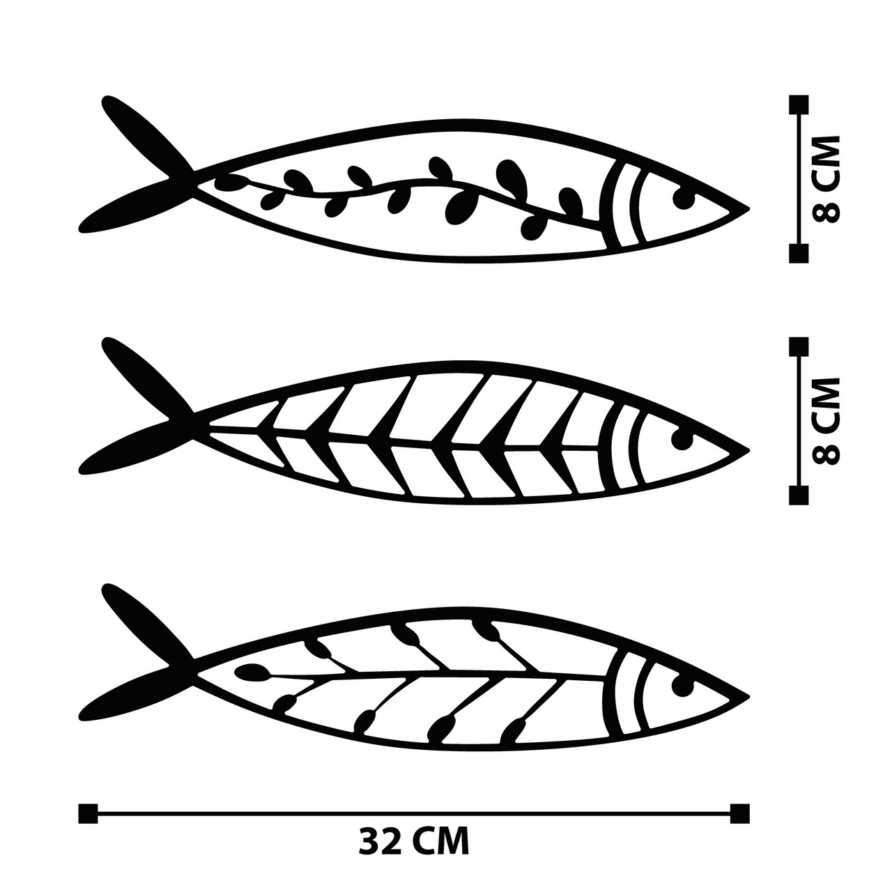 Decoratiune de perete, Hamsi, Metal, 32 x 8 cm, 3 piese, Negru