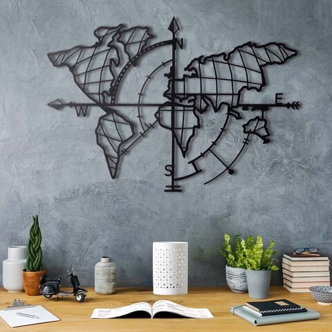 Decoratiune de perete, World Map Compass, Metal, Dimensiune: 65 x 95 cm, Negru