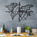 Decoratiune de perete, World Map Compass, Metal, Dimensiune: 65 x 95 cm, Negru