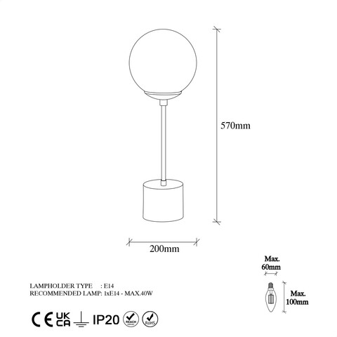 Lampa de masa, Globo - 13061, Fulgor, 20 x 20 x 57 cm, 1 x E14, 40W, alb