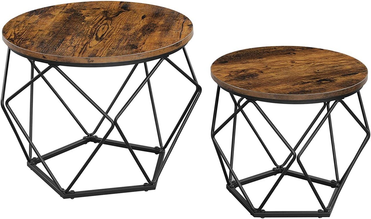 Set 2 masute de cafea Vasagle Geometric Round, Ø50 x 40 cm, PAL/otel, maro rustic