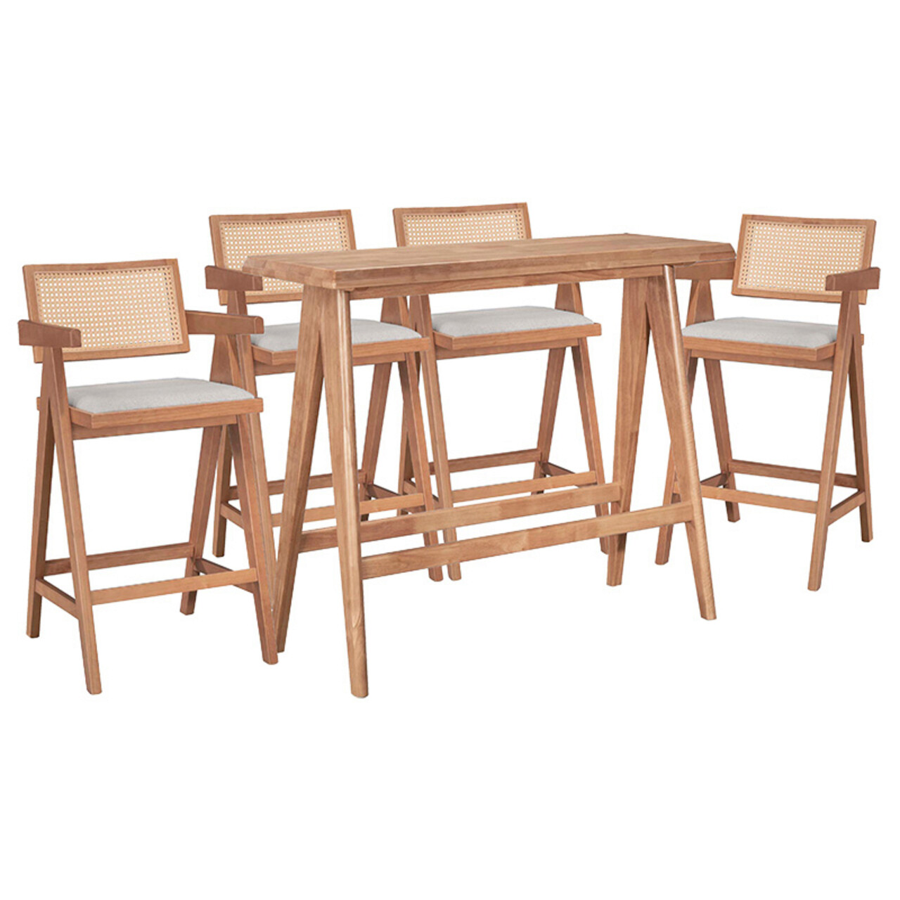 Set masa de bar si 4 scaune Winslow Comfy, Pakoworld, 120x45x100 cm, lemn de cauciuc/textil, maro deschis