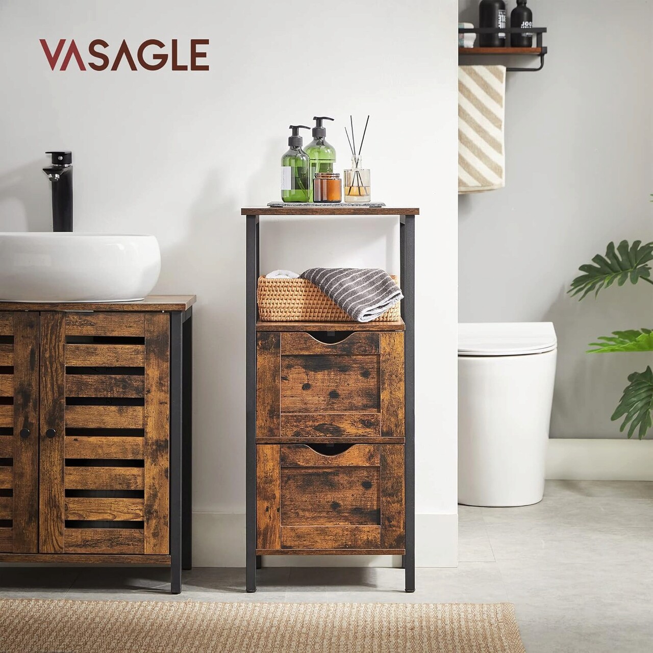 Dulap ingust pentru baie, Vasagle, 37 x 30 x 80 cm, PAL, maro rustic/negru - 2 | YEO