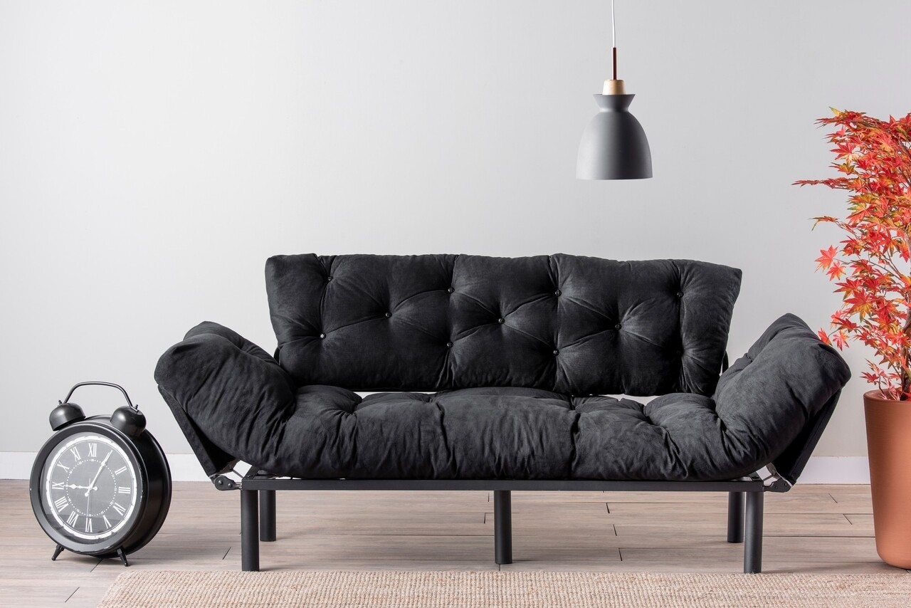 Canapea extensibila Nitta Triple, Futon, 3 locuri, 225x70 cm, metal, negru