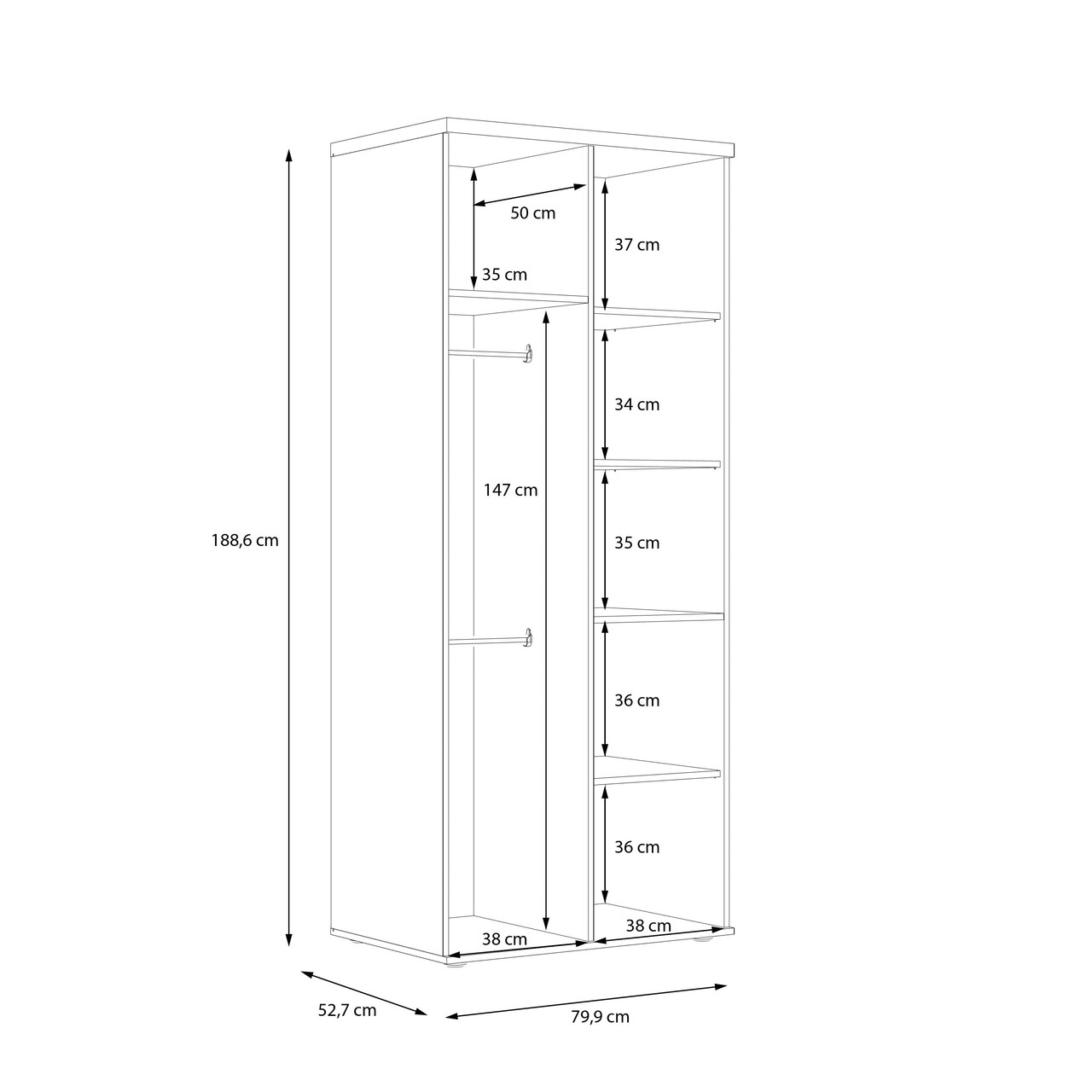 Dulap Wijk, Bedora, 79.9x52.7x188.6 cm, PAL/plastic, stejar/alb