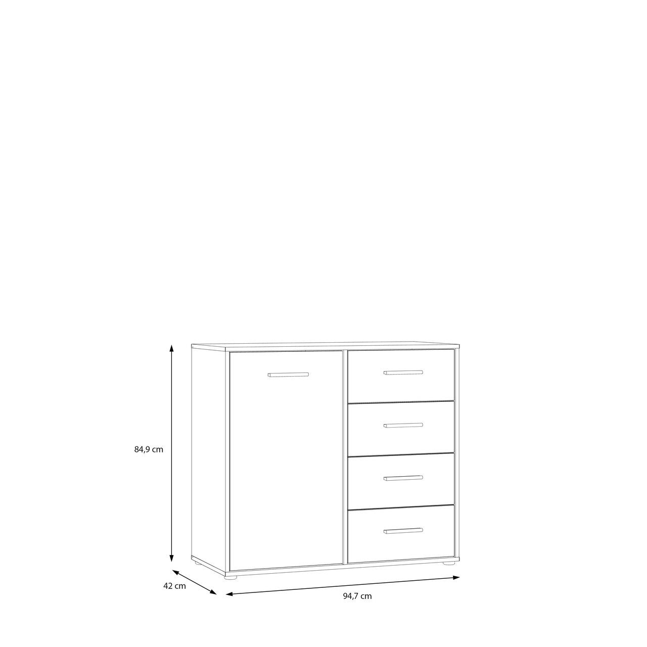 Comoda 4 sertare Meerlo, Bedora, 94.7x42x84.9 cm, PAL/plastic, negru/stejar