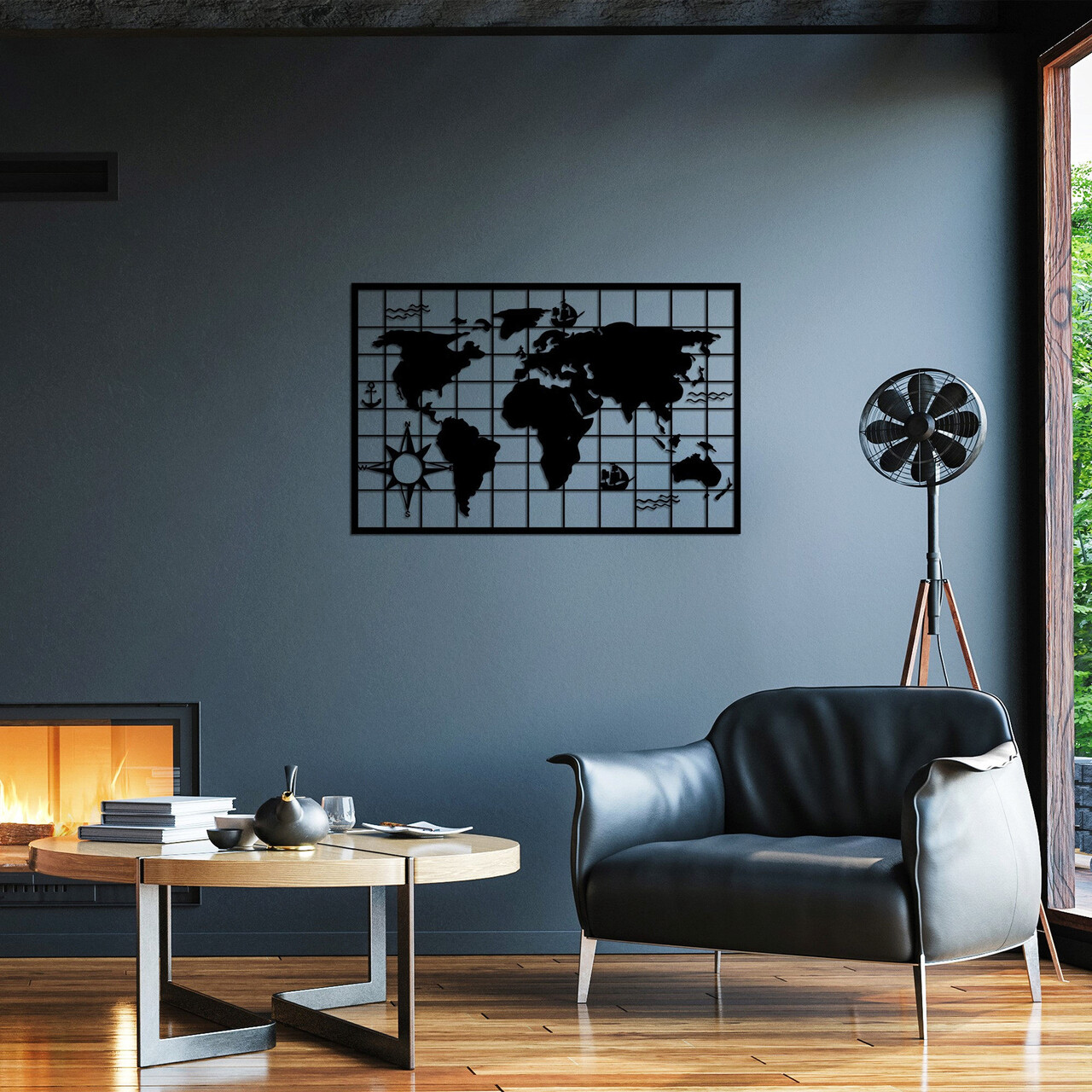 Decoratiune de perete, World Map 7, Metal, 90 x 58 cm, Negru - 1 | YEO