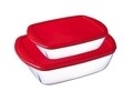 Set 2 vase dreptunghiulare cu capac, Pyrex, Cook-Store, 1.1 L/2.5 L, sticla termorezistenta/plastic, rosu