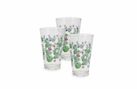 Set 3 pahare Cactus Pink, 12.5 cm, sticla, verde/roz