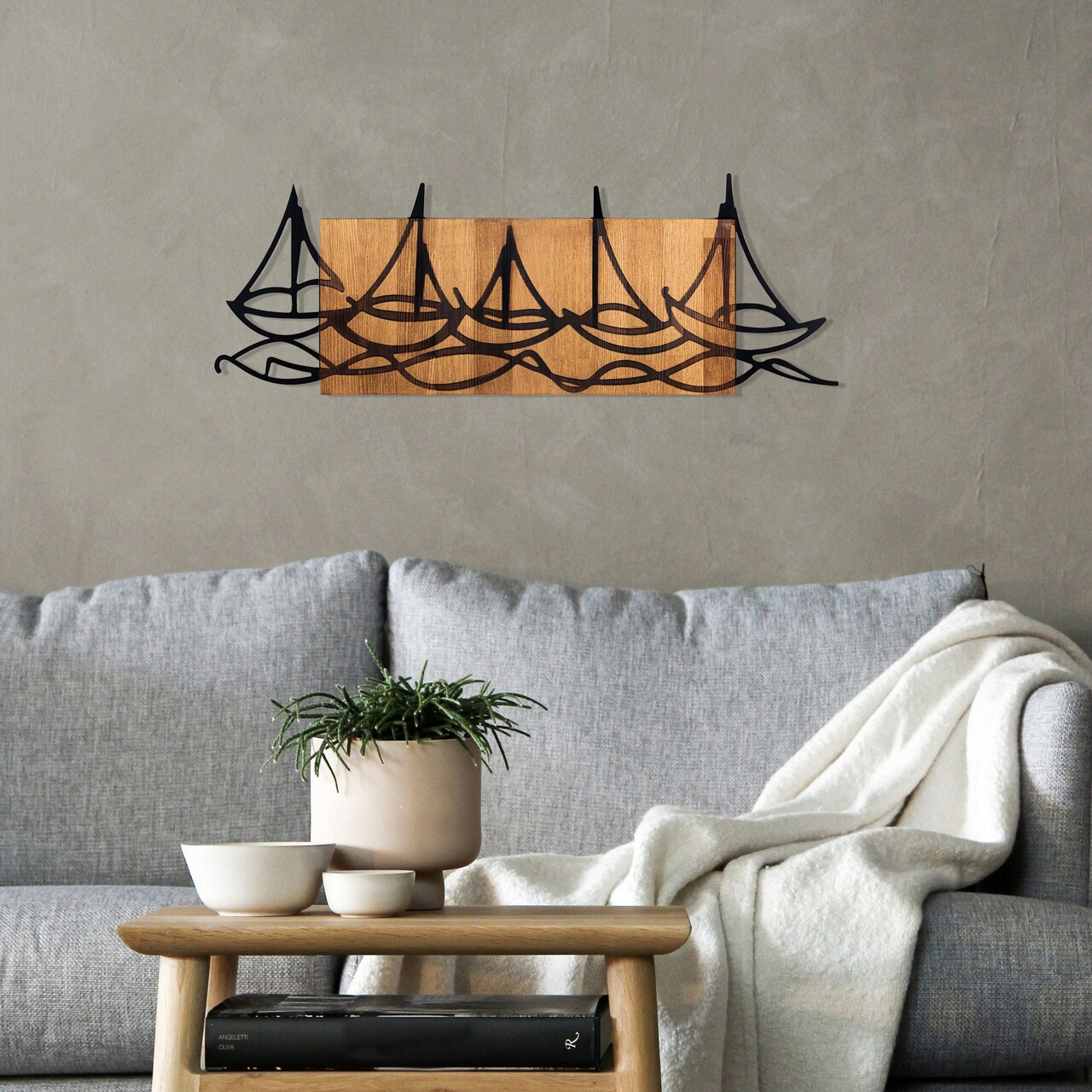 Decoratiune de perete, Ships in The Sea, lemn/metal, 86 x 31 cm, negru/maro - 1 | YEO