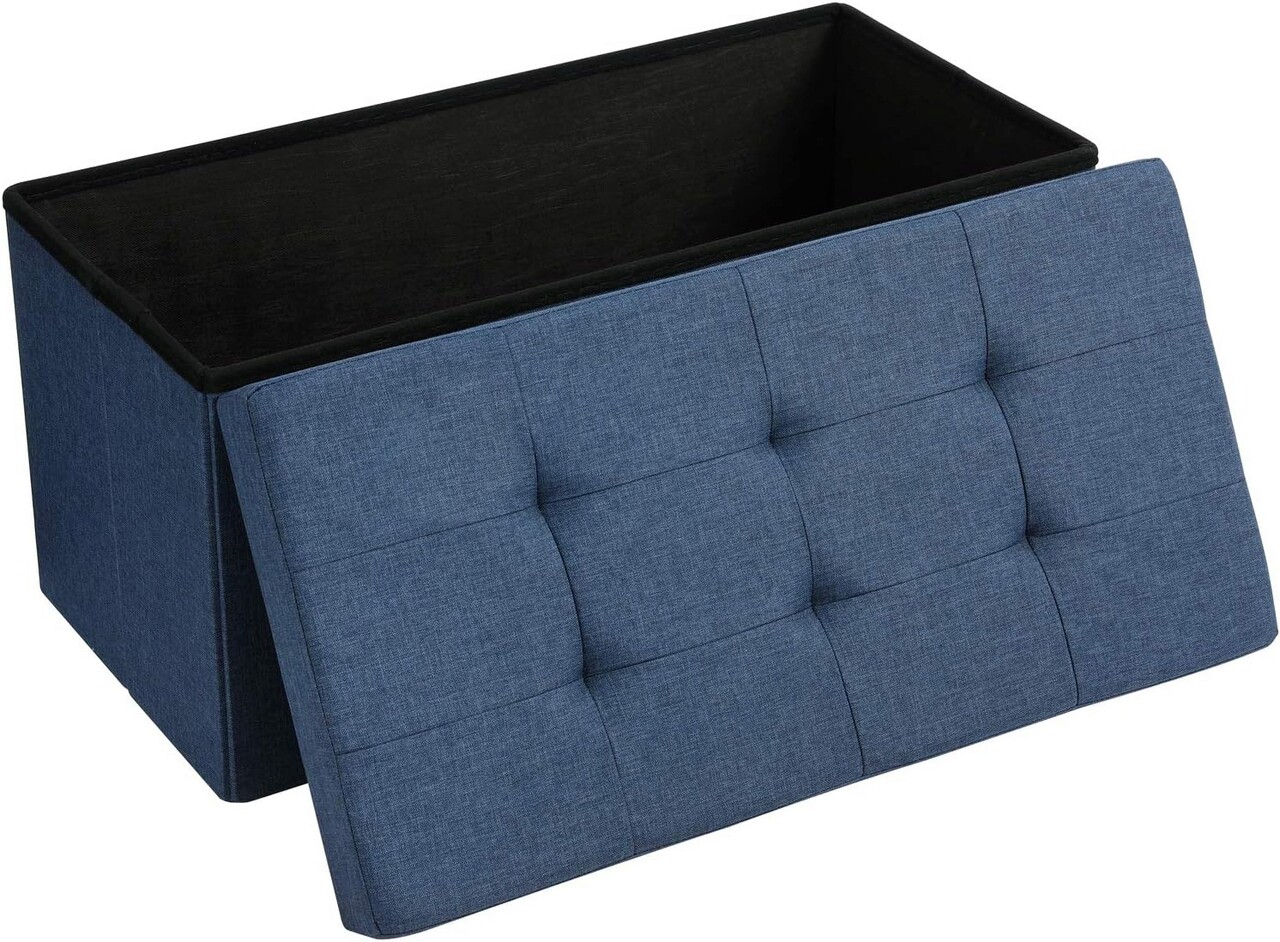 Bancheta cu spatiu pentru depozitare Ottoman Classic, Vasagle, 76 x 38 x 38 cm, pliabila, imitatie in/MDF, albastru