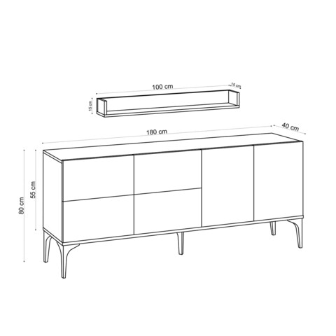 Bufet inferior cu raft de perete Stella, Elegance, 180x40x55 cm, argintiu/natural