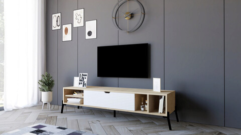 Comoda TV, Puqa Design, Ponza, 160x36x40cm, PAL melaminat, Stejar safir / Alb