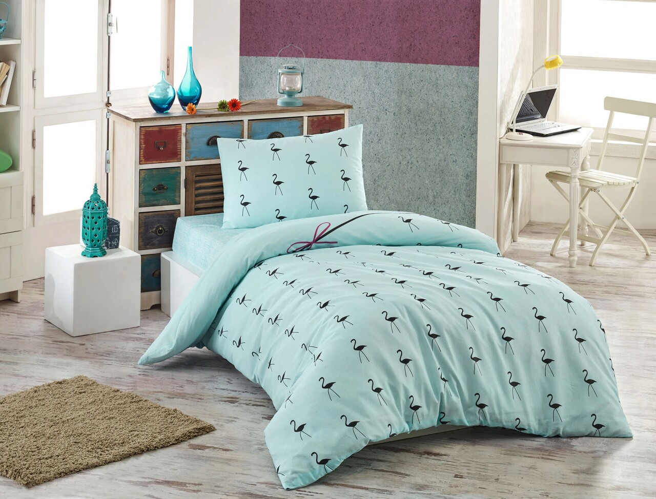 Set lenjerie de pat pentru o persoana Single XL (DE), 2 piese, Flamingo - Mint, Eponj Home, 65% bumbac/35% poliester