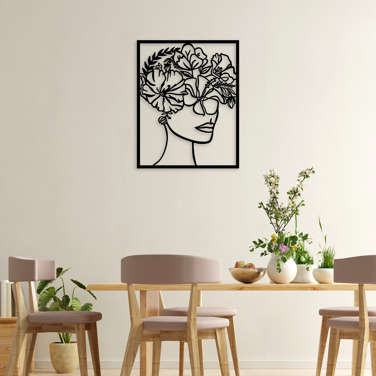 Decoratiune de perete, Flower Woman, Metal, Dimensiune: 60 x 75 cm, Negru - 1 | YEO