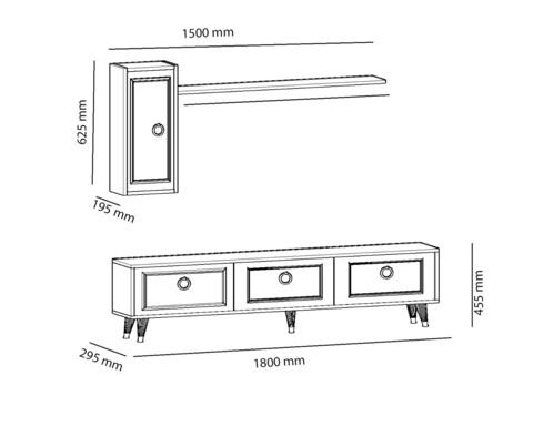 Comoda TV cu dulap de perete si polita Lorenz, Arnetti, 180 x 45.5 cm/30 x 62.5 cm/19 x 120 cm, alb/auriu