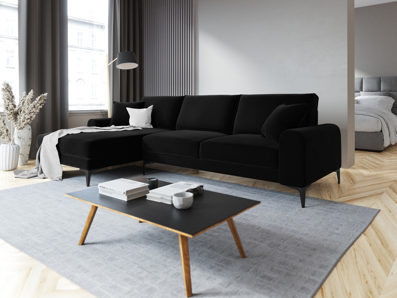 Coltar stanga, Madara, Mazzini Sofas, 5 locuri, 254x182x90 cm, catifea, negru