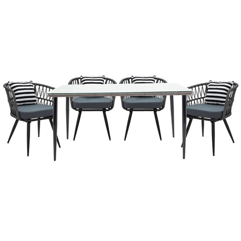 Set mobilier de gradina 5 piese Naoki Comfy, Pakoworld, masa si 4 scaune, metal/ratan sintetic, negru/gri