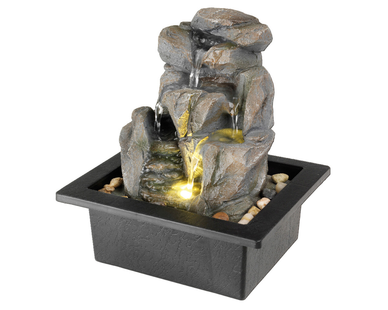 Fantana decorativa cu iluminare LED interior/exterior Loki, Lumineo, 18.8 x 21.5 x 24 cm, IP44, polirasina, gri