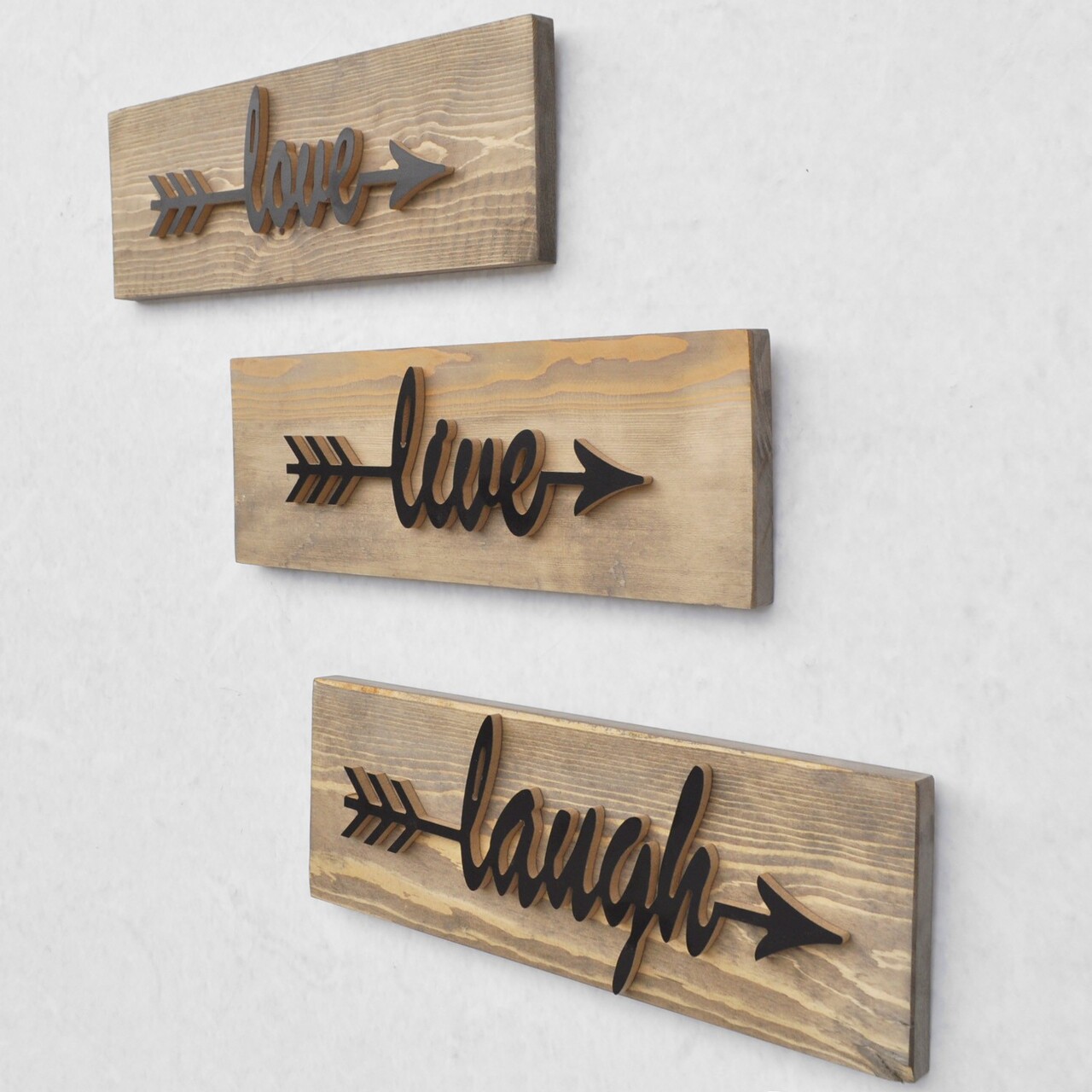 Set 3 decoratiuni de perete Love Live Laugh, Elvila Originals, 40x14 cm, handmade, lemn de molid - 1 | YEO