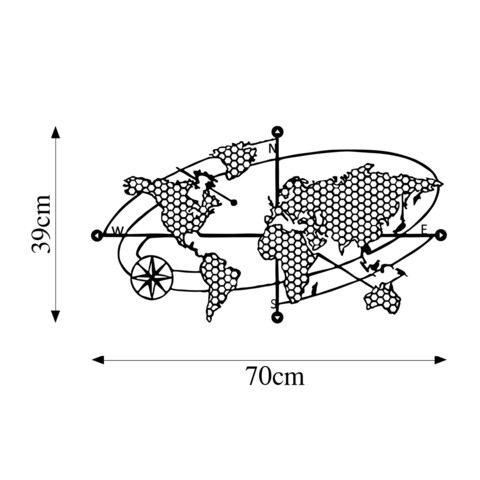 Decoratiune de perete, World Map 1, Metal, 70 x 39 cm, Negru