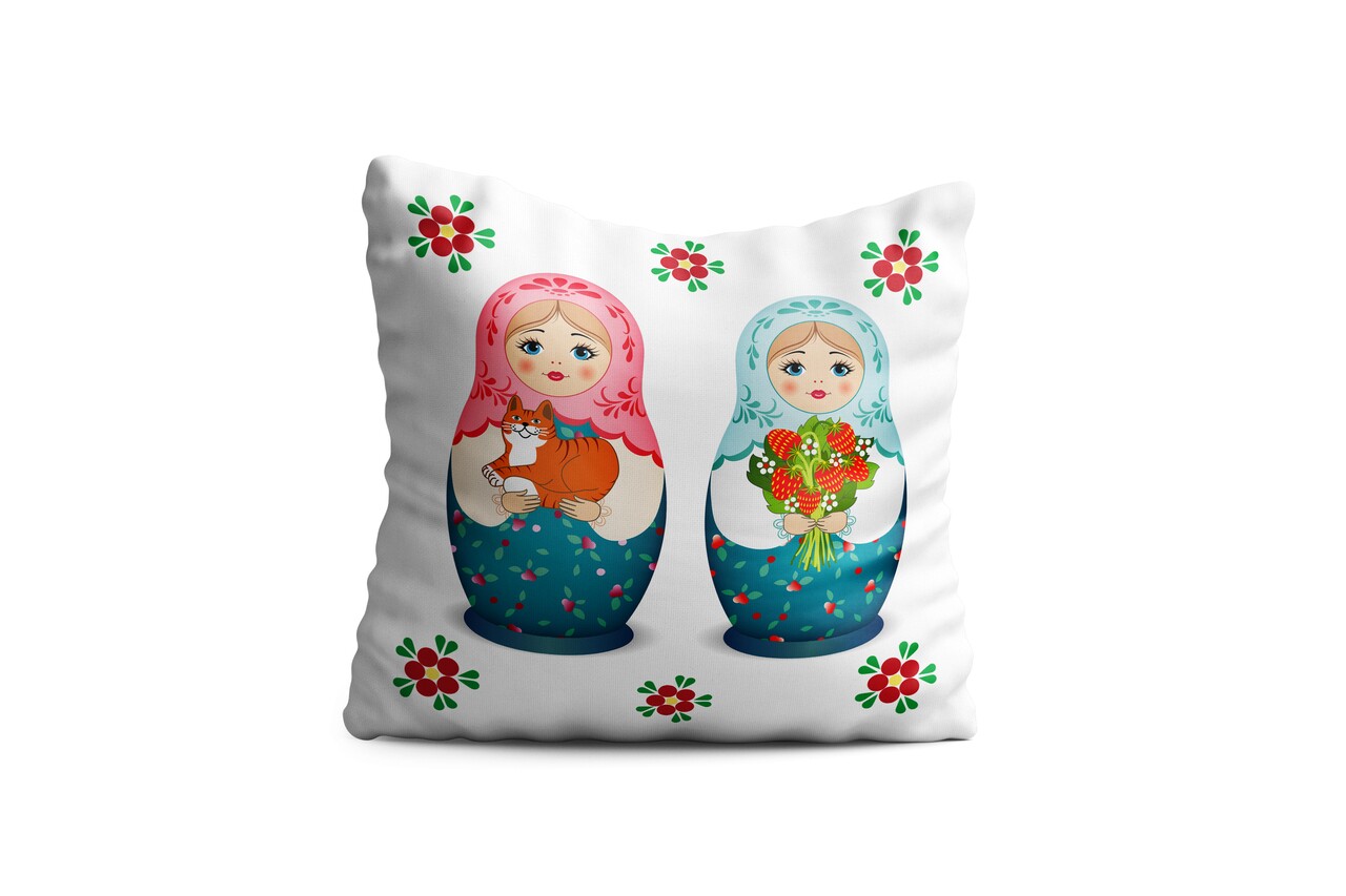 Perna decorativa Matryoshka, Oyo Kids, 43x43 cm, poliester, roz/albastru