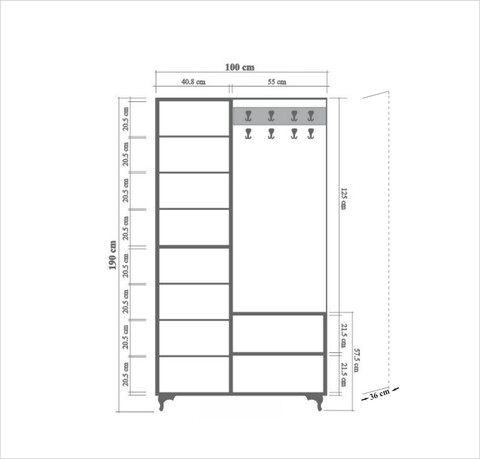 Dulap cu pantofar, cuier si oglinda İNCİ-731, Vella, 125x36x195 cm, multicolor