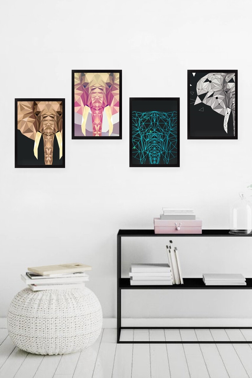 Set 4 tablouri decorative Elephant, Tablo center, 24x29 cm, MDF, multicolor